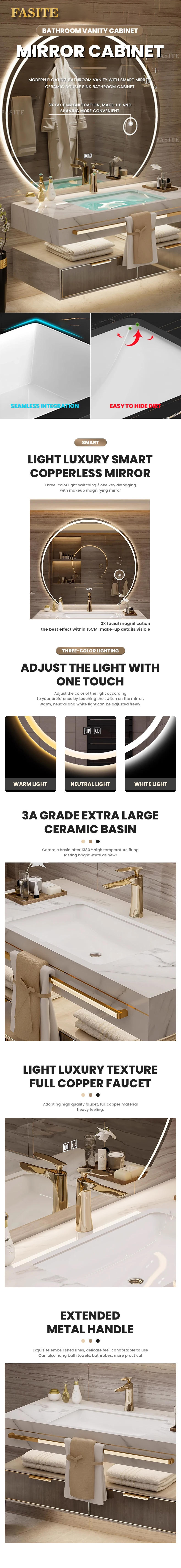 Description Picture 2 of itemFloating Bathroom Vanity with Smart Mirror   Cabinets Modern Ceramic Double Sink   Furniture New