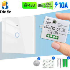 433MHz RF Wireless Light Switch AC 110V 220V 10A Relay Receiver Tempered Glass Touch Button Wall Panel Transmitter for Lamp