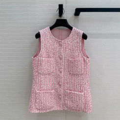 Top Quality 100% Silk Liner Sweet Pink Plaid Woven Tweed Vest Jacket Women O-neck Sleeveless Pockets Buttons Vintage Tank Coat