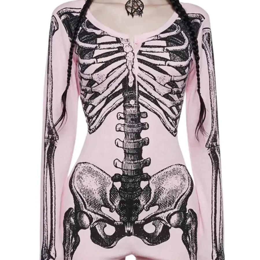 Description Picture 4 of itemStreetwear Skull Printing Jumpsuits Shorts for Women Y2k Aesthetic Bodycon Tees 2025 Ropa Mujer Grunge Single Breasted Tops
