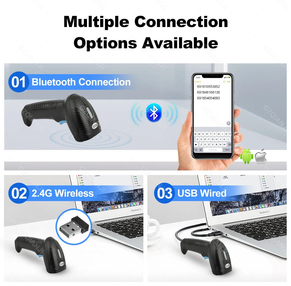Description Picture 3 of item1D 2D QR Handheld Barcode Scanner Reader Bar Reader Portable USB Wireless 2.4G Bluetooth Connect PDF417 DM Code 3 in 1 1.5m Drop