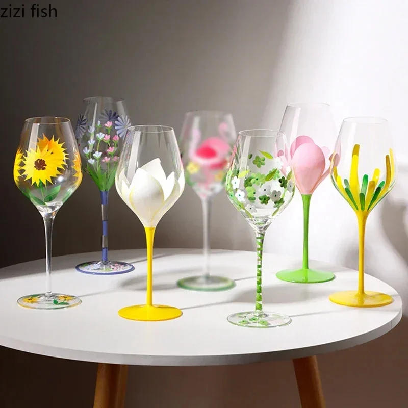 Description Picture 5 of itemHigh Footed Glass Cup Red Wine Glass Champagne Glass Kitchen Drinkware Handmade Painted Flamingo Wine Glasses Household Wine Set