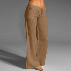 Women Straight Leg Long Pants With Pockets Drawstring Elastic High Waisted Wide Leg Pants Fashion Casual Trousers Feminina