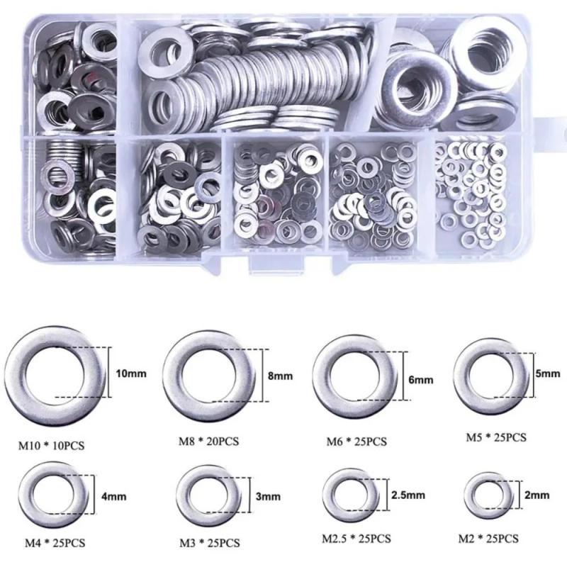 Description Picture 3 of item180pcs New M2 M2.5 M3 M4 M5 M6 M8 M10 Flat Washer Plain Stainless Steel with Storage Box Gasket Rings Assortment Kit Washer Flat