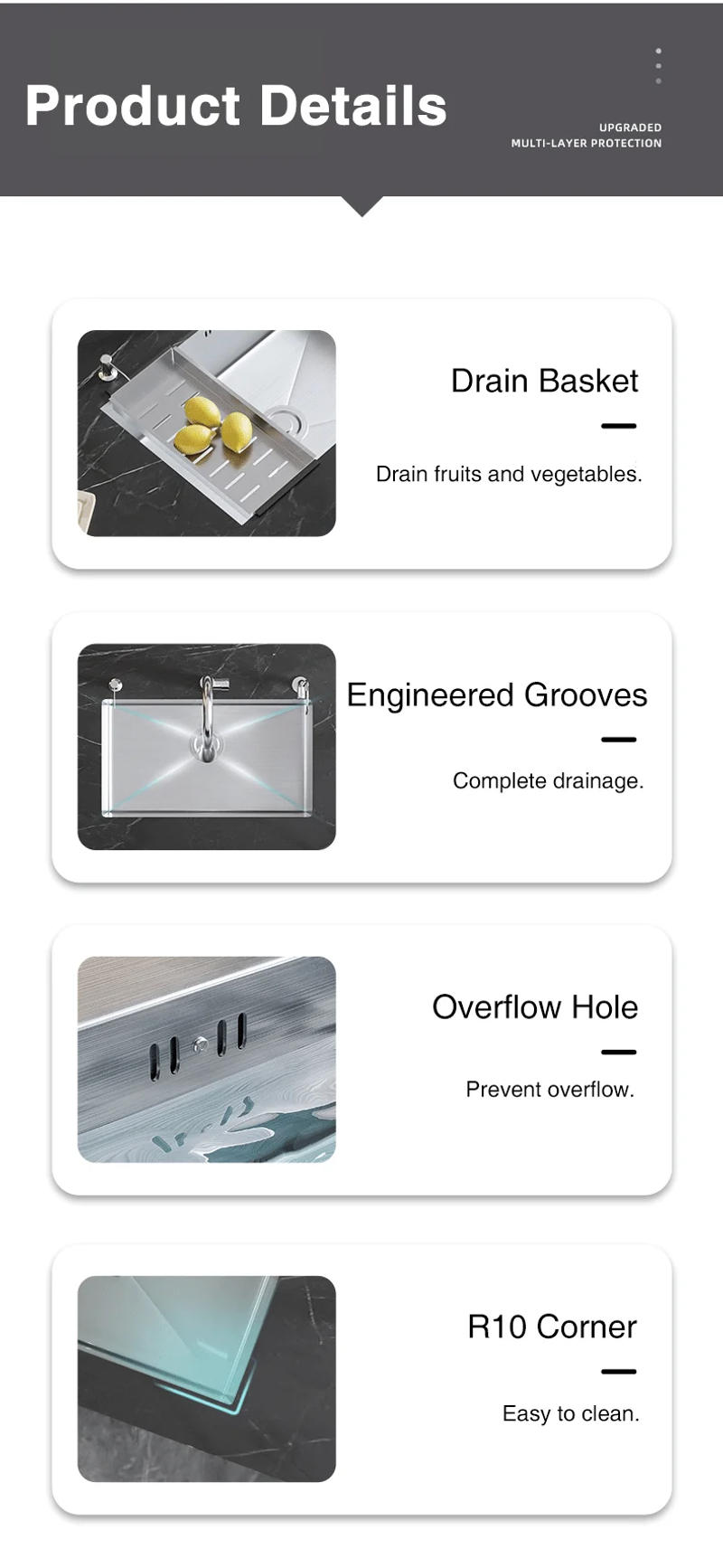 Description Picture 6 of itemStainless Steel Kitchen Sink Single Bowl Handmade Brushed Wash Basin Above Counter For Kitchen Fixture With Drainage Accessories