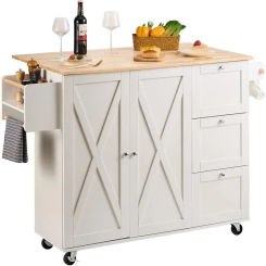 Kitchen Island Cart with Solid Wood Top, 45.3" Width Mobile Carts with Storage Cabinet, Rolling Kitchen Table with Spice Rack
