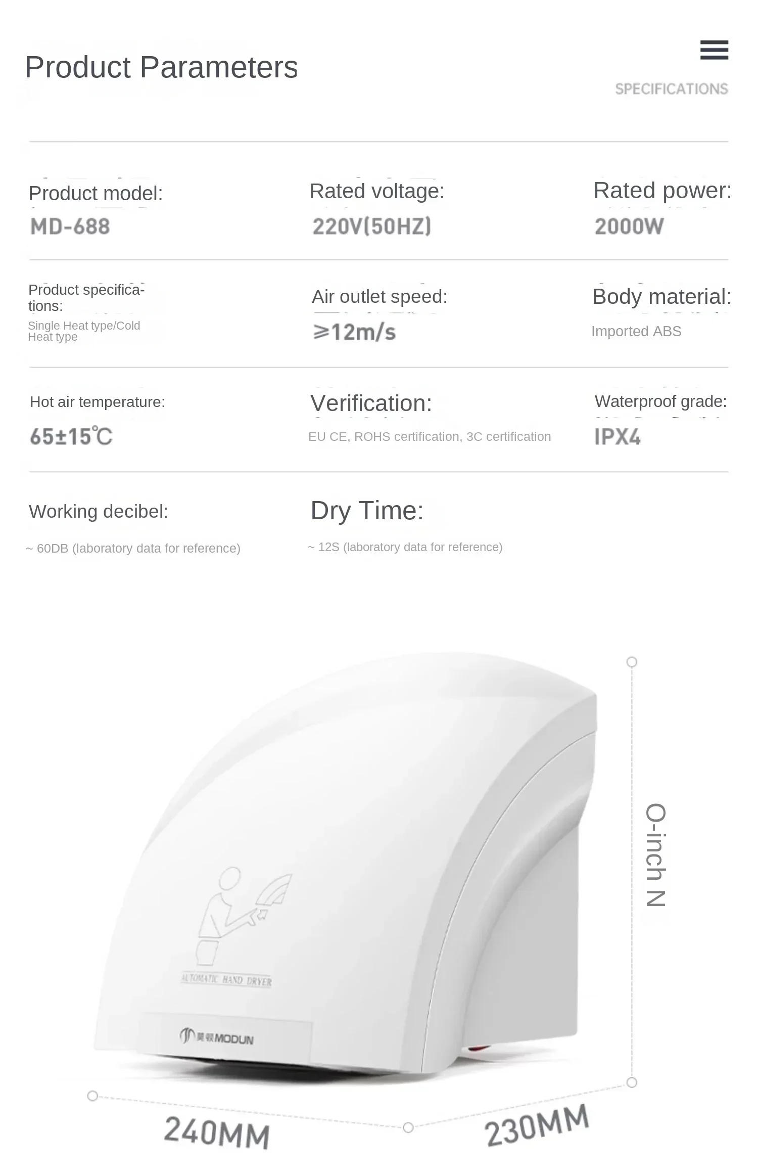 Description Picture 4 of item220V Morton Automatic Hand Dryer with Sensor, Quick Drying and Hygienic for Bathroom