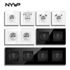 Nywp French Standard wall socket, 16a power socket with 2100ma Dual Port USB charger, black, white, gold, 86 glass panel