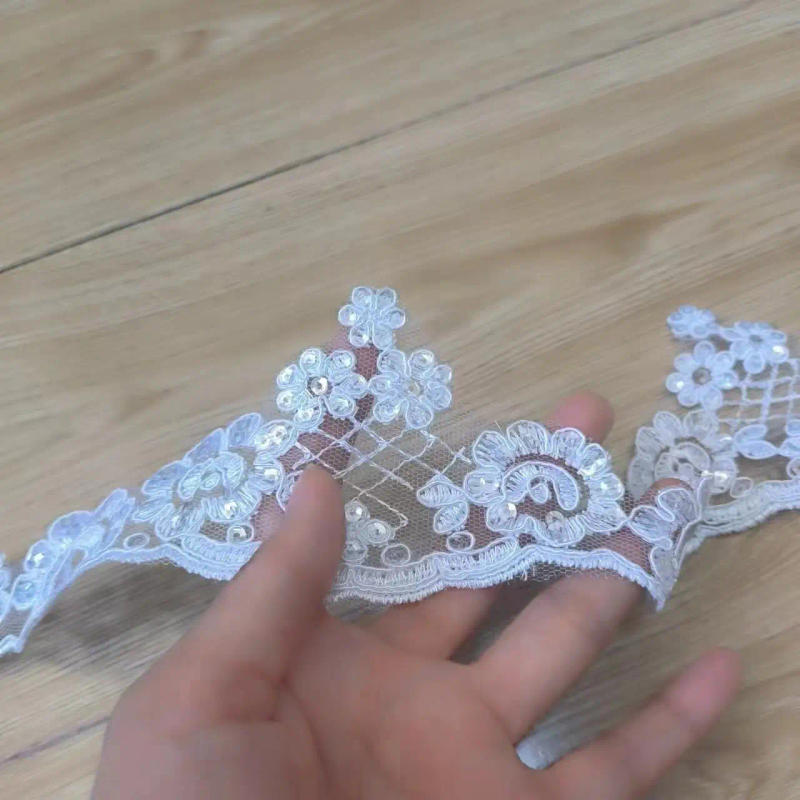 Description Picture 4 of item3Yards 6.8cm wide Ivory Silver Sequin Cording Fabric Flower Venise Venice Mesh Lace Trim Applique Sewing Craft for Wedding Dec.