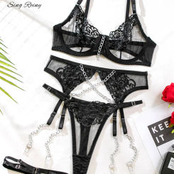 SINGREINY Embroidery Transparent Lingerie Suit Ladies Floral Shapewear Porno American Style Chain Design Sheer Erotic Underwear