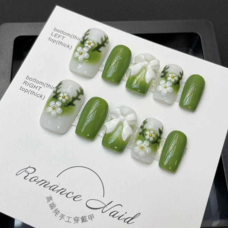 Description Picture 2 of item10 pcs Luxury Handmade Press on Nails Middle Square Green Deer Design False Nails with 4-PIECE Tool Adhesive Nail Glue Tabs