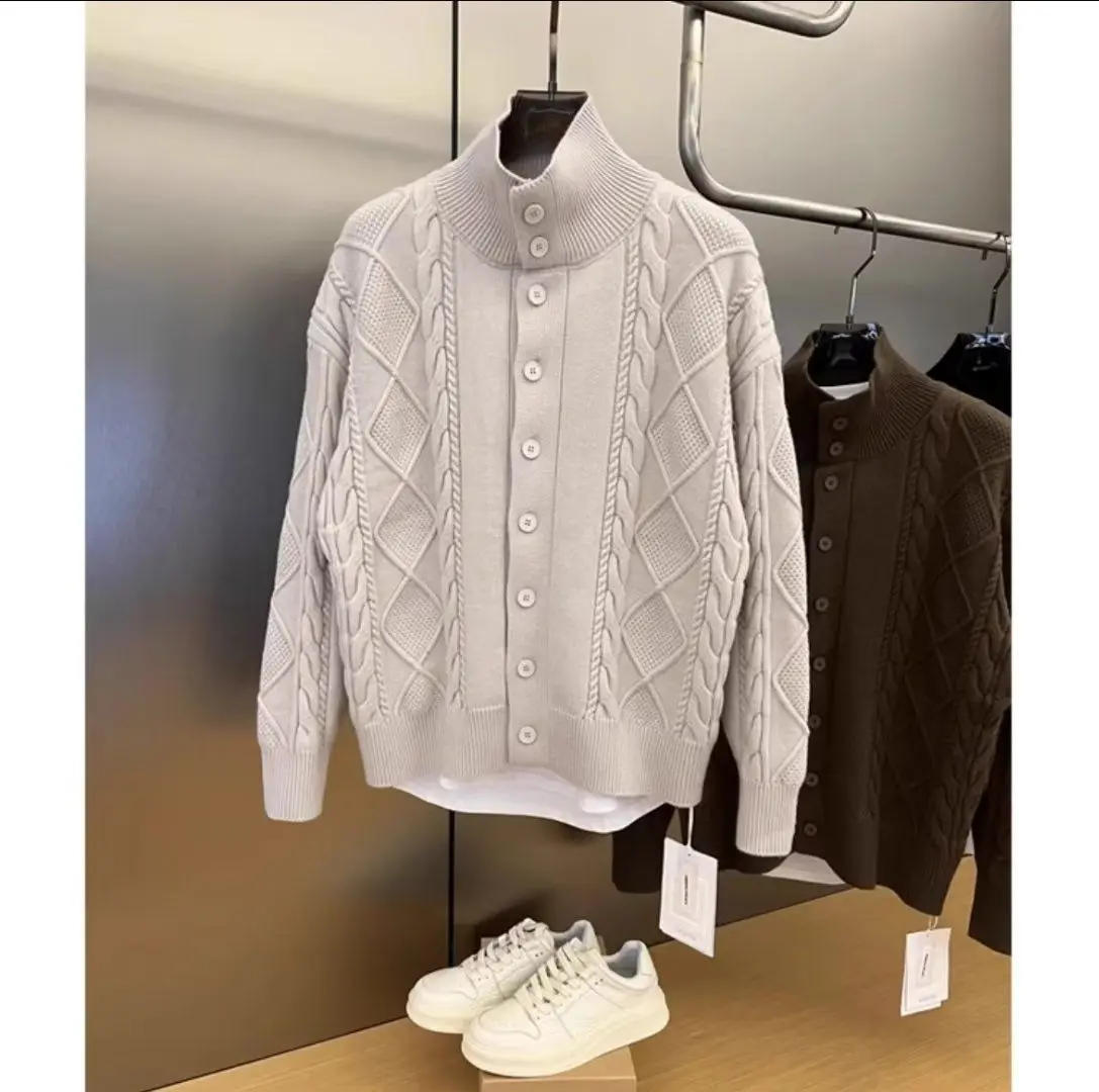 Description Picture 3 of itemAutumn Winter Twist Knitted Solid Color Cardigan Men's Loose Casual Stand Collar Sweater Jacket Solid Color Single-breasted Tops