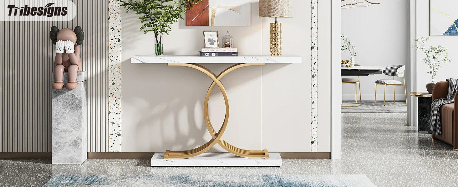 Description Picture 2 of itemTribesigns Gold Entryway Table, Modern 39-Inch Console Faux Marble Narrow Wood Sofa with Geometric Metal Legs