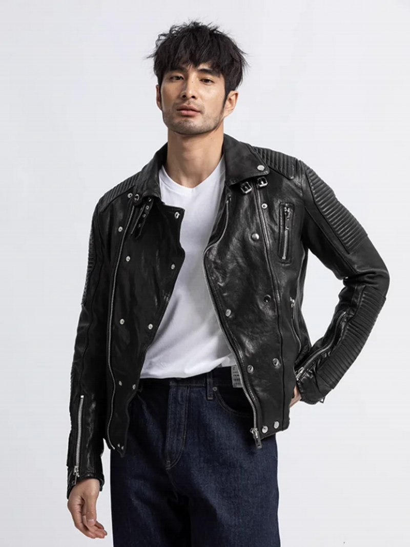 Description Picture 3 of itemItalian Designer Men Moto Biker Genuine Leather Jacket Pleated Slim Fit Zip Real Sheepskin Coat Autumn Windproof Riding Jacket