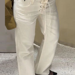 Drawstring Lace Up Women Jeans White High Waist Pockets Straight Female Denim Pants Female 2025 Summer New Fashion Lady Pant
