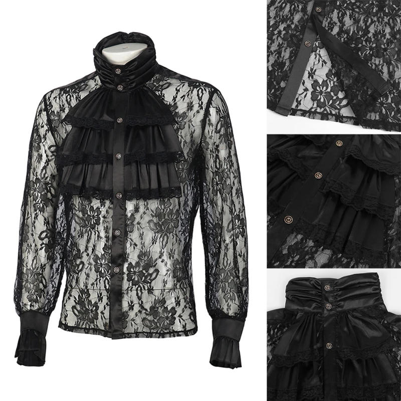 Description Picture 2 of itemMen\'s Lace Floral Vintage Shirts And Blouses Solid Black Gothic Long Puff Sleeves Victorian Medieval Ruffle Collar Shirt Tops