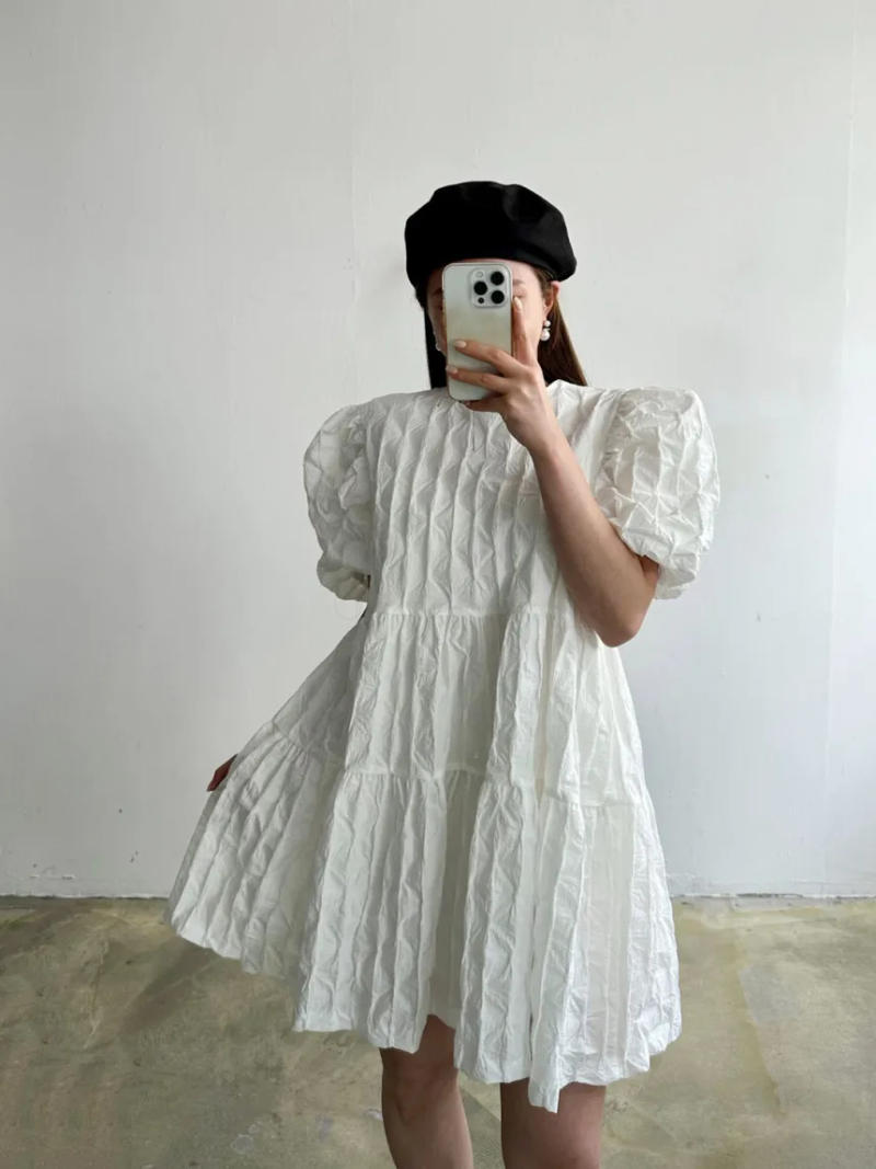 Description Picture 5 of itemREALEFT Spring Summer Vintage Puff Sleeve Women's Dresses 2025 New High Waist O-neck Casual Loose A-line Short Dresses for Women