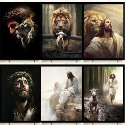 Lamb of God and Cross Scared Heart of Jesus Poster Christian Religion Canvas Painting Wall Art Picture for Room Home Decor