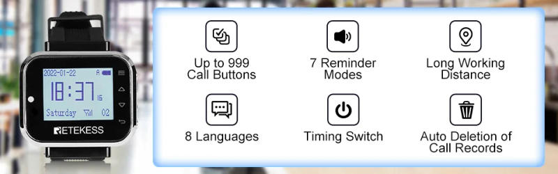 Description Picture 2 of itemRetekess TD110 Hookah Wireless Waiter Watch Receiver Restaurant Pager 7 Languages 433MHz For Bar Cafe Hotel Customer Service