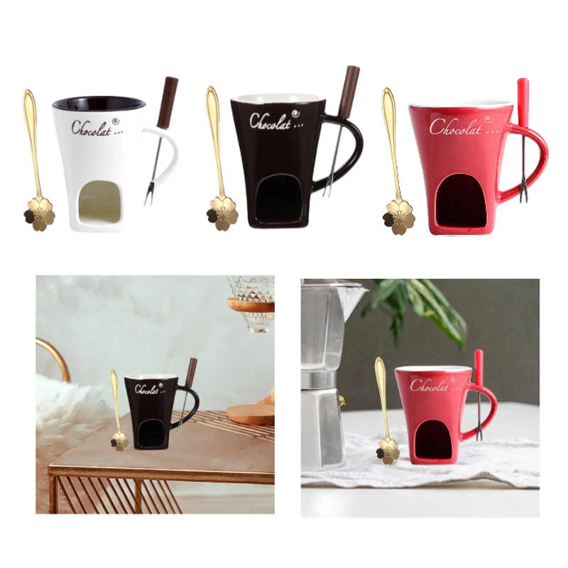 Description Picture 3 of itemChocolate Fondue Pot Caramel Party Cheese Chocolate Melter Dessert Chocolate Melting Cup with Fork Fondue Warmer Mug Hot Pot Set