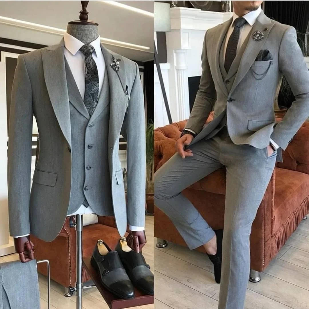 Description Picture 4 of itemDark Blue Elegant Men Suit Smart Casual Slim Fit Peak Lapel Blazers Business High Quality 3 Piece Set Jacket Pants Vest Costume