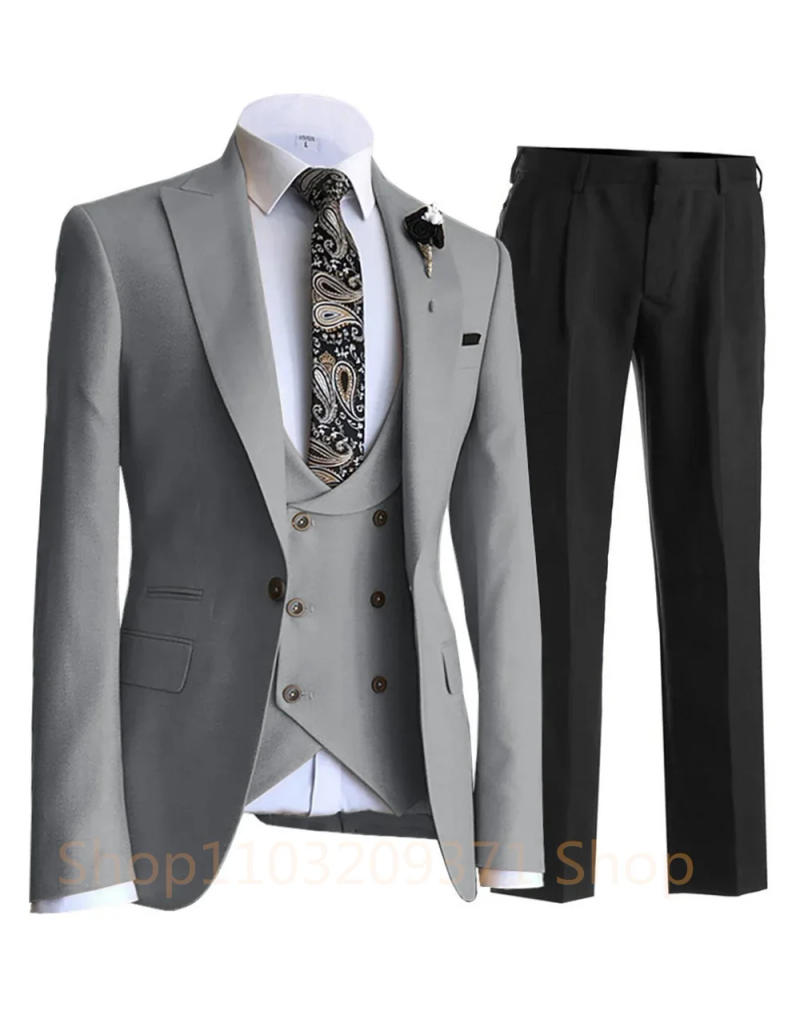 Description Picture 3 of itemMale Groom Wedding Blazers High Quality Dress Jacket Coat Pants Vest Men Skinny 3 Pieces Set Formal Slim Fit Tuxedo Prom Suit