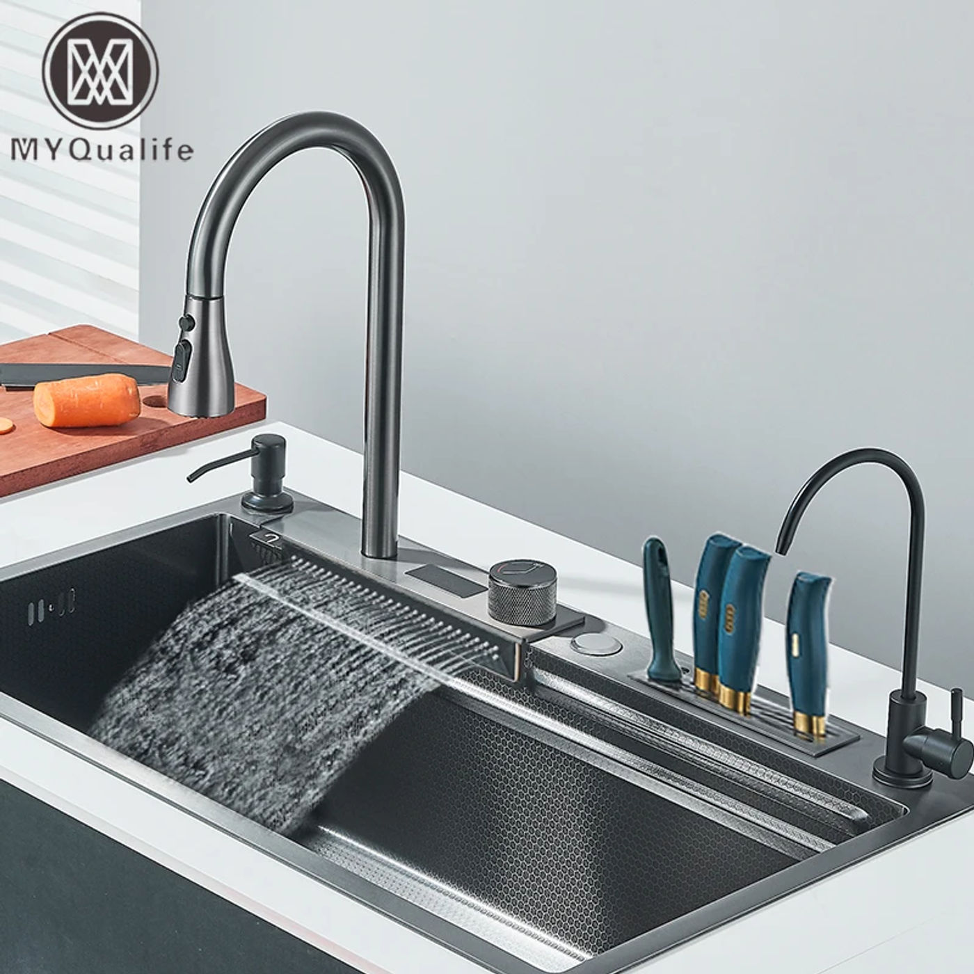 Description Picture 2 of item304 Stainless Steel Waterfall Kitchen Sink Large Single Slot Integrated Digital Display Faucet Set Soap Dispenser knife Board
