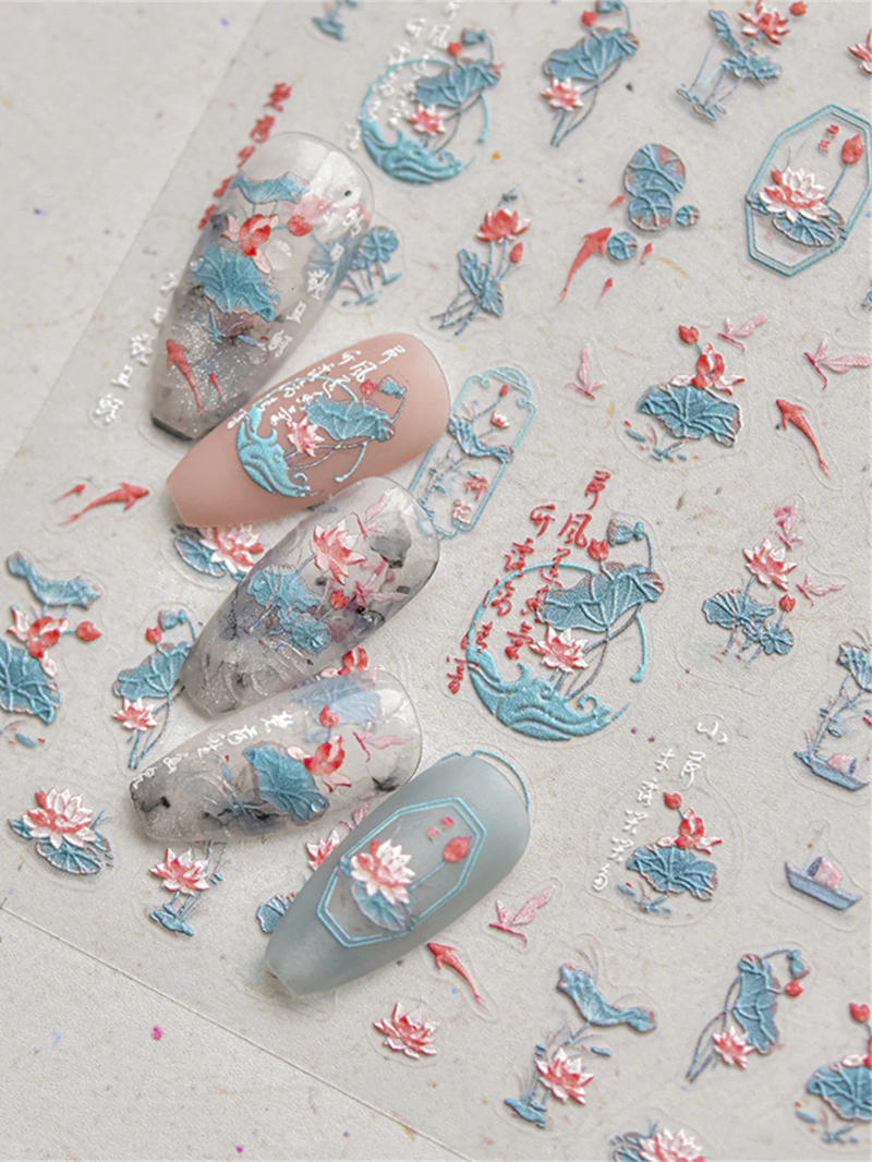 Description Picture 2 of item1pcs 5D  Nail Art Stickers Soft Relief Lotus Koi Nail Decals Self-Adhesive Flowers Stickers Chinese Style Nail Art Decorations