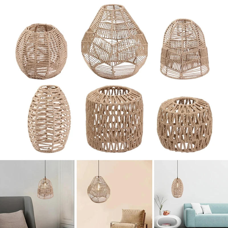 Description Picture 2 of itemImitation Rattan Weave Lamp Shade Boho Handwoven Paper Rope Light Cover Chandelier Pendant Lampshades Restaurant Bedroom Decor
