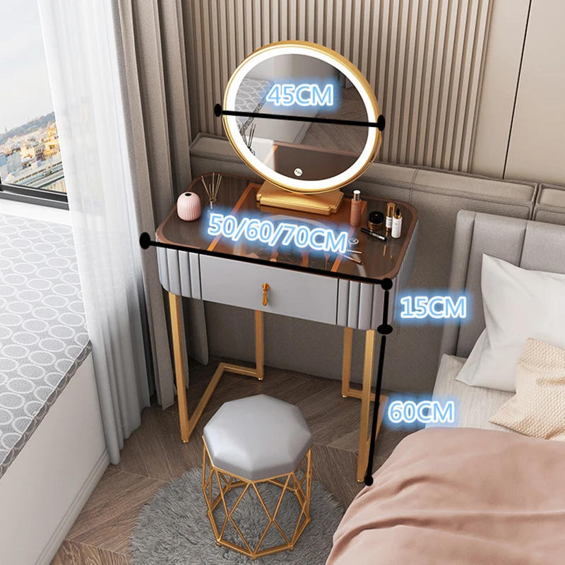 Description Picture 2 of itemModern Manmade Board Vanity Tables for Home Furniture Dressing Table with Mirror and Stool Bedroom Upscale Ins Glass Vanity Desk