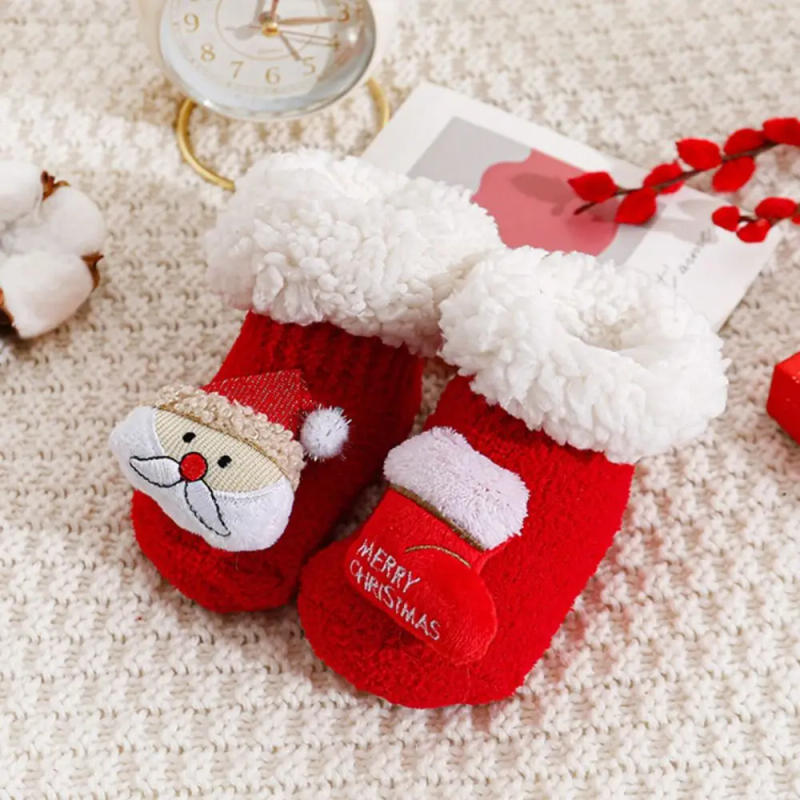 Description Picture 4 of itemCute Lamb wool Christmas Baby Socks Anti Slip Thicken Newborn Floor Sock Middle Tube Santa Claus New Year Toddler Socks Kids