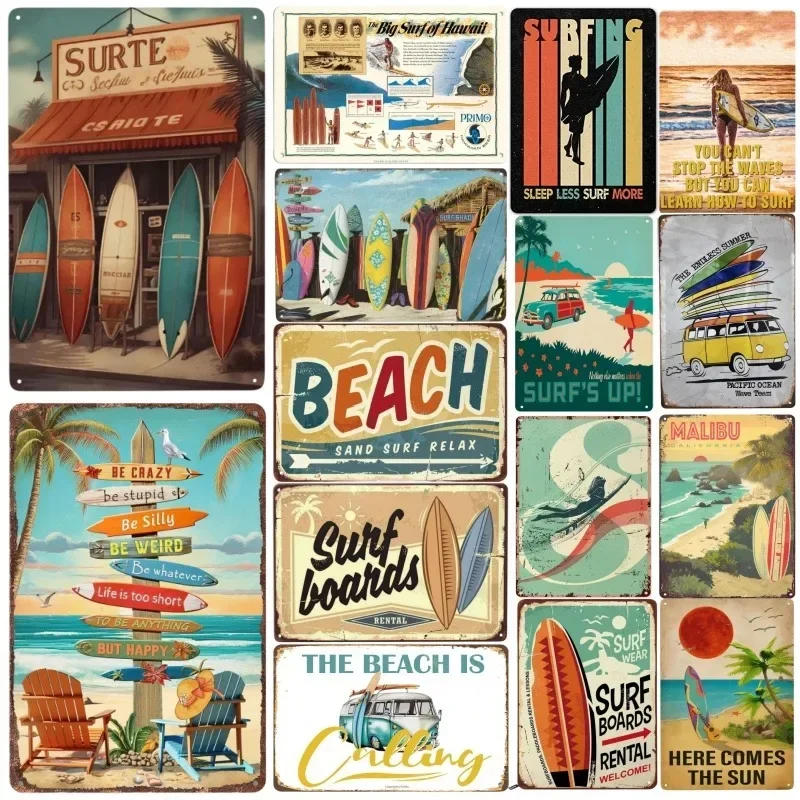 Description Picture 2 of itemMetal Tin Poster Surf Boards  Metal Tin Signs Vintage Retro Plaque Poster for Beach Bar Club Wall Decor Home Wall Plate Pendant