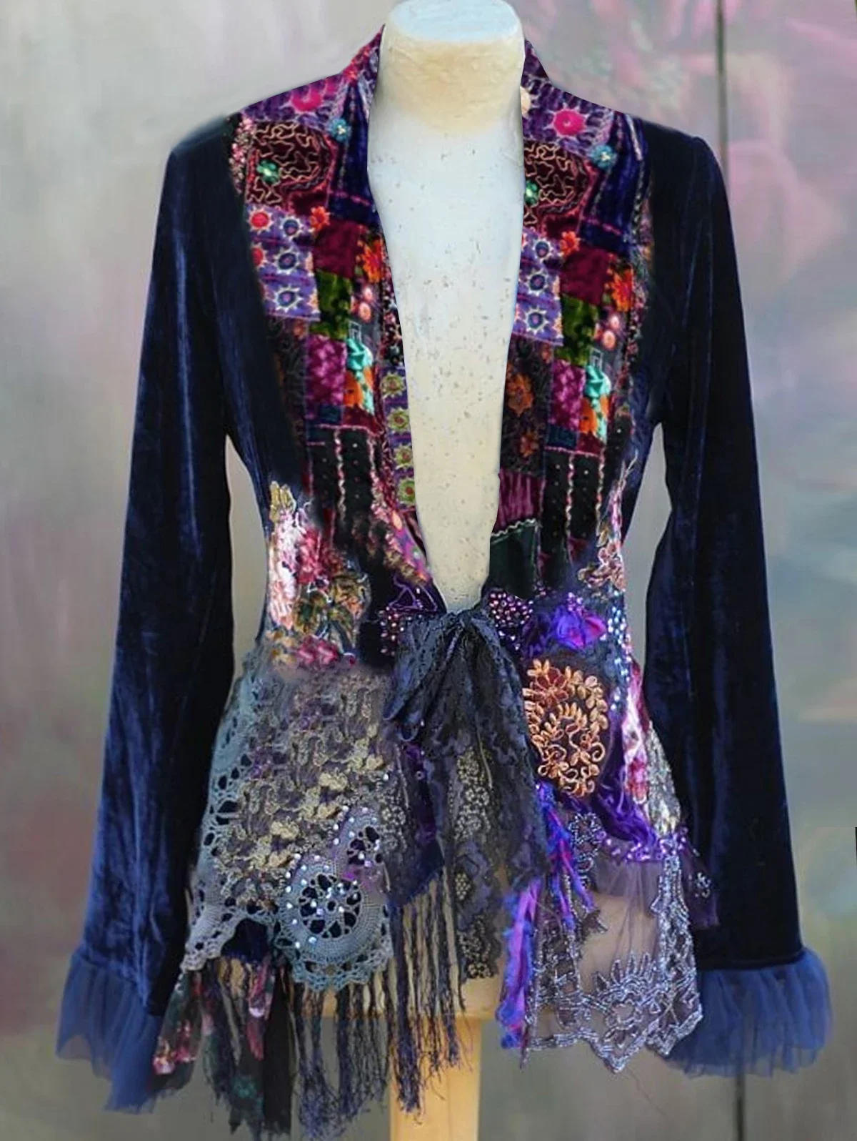 Description Picture 2 of itemWomen's Velvet Jacket 2025 Contrast Chic Buttons Vintage Patchwork Guipure Lace Bowknot Asymmetric Long Sleeve Loose Top