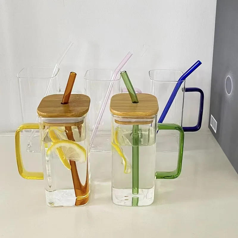 Description Picture 4 of itemClear Drinking Glasses Square Glass Cup with Bamboo Lid Colorful Glass Straw Milk Juice Bubble Tea Cup Large Capacity Water Cup