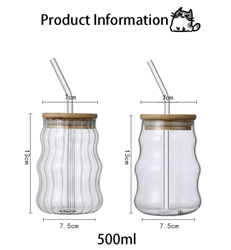 Description Picture 2 of item1/2pcs 500ml Glass Tumblers Cups With Straw Mason Jar Clear Juice Coffee Milk Cup With Bamboo Lids Drinkware Stripe Beer Mug