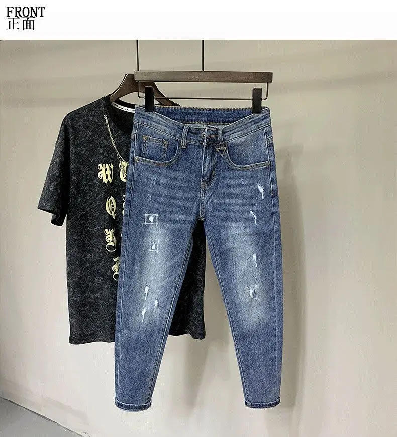Description Picture 4 of itemFashion Men's Slim Fit Denim Jeans Spring Autumn Pencil Pants Blue Jeans 2024 Korean Damaged Designer Luxury Mens Jeans Male