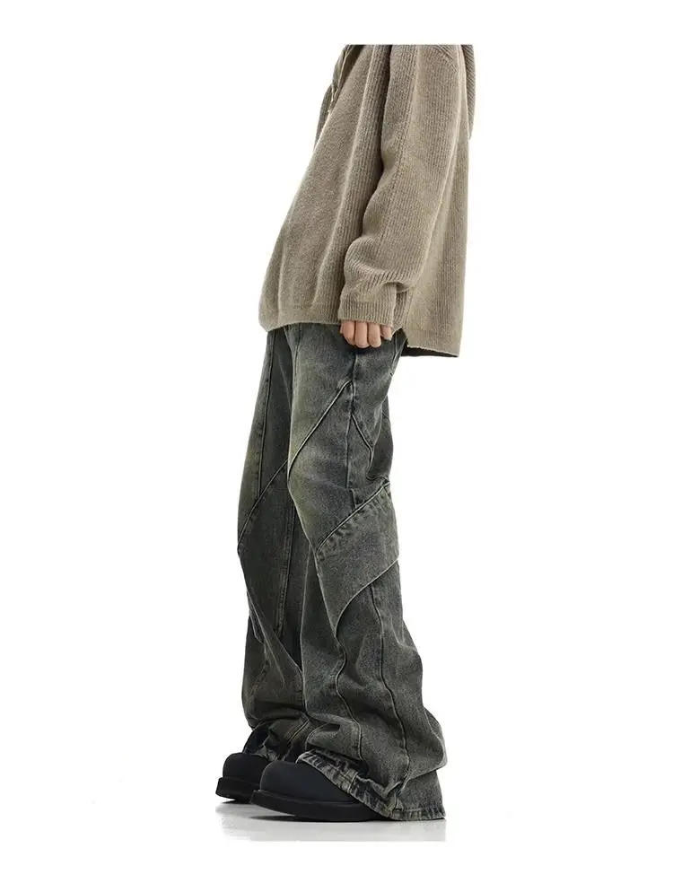 Description Picture 2 of itemAmerican street trend retro yellow mud washed jeans men high street patchwork irregular design drape feeling micro flared pants