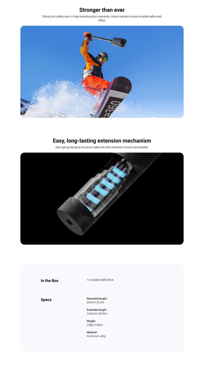 Description Picture 3 of itemOfficial & Original Insta360 114cm Invisible Selfie Stick, High strength materials enable stable use with Insta360 cameras.