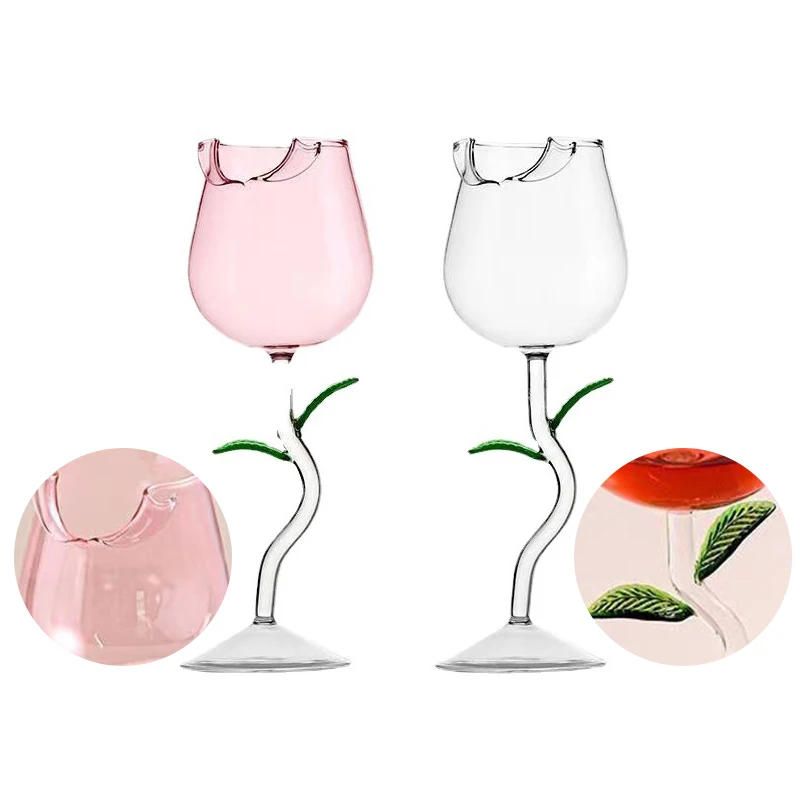 Description Picture 2 of itemRose-Shaped Red Wine Glasses Rose Shape Wine Glass With Colored Rose Leaves 150/400ml Rose Shaped Red Wine Goblet Cocktail Cup