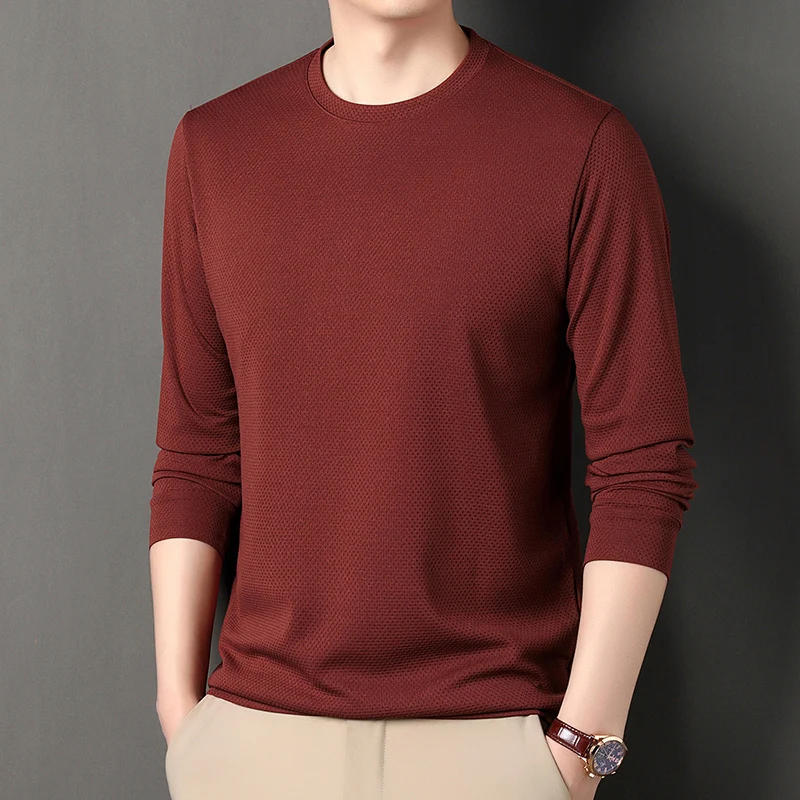 Description Picture 6 of itemNew Spring Leisure Breathable Solid Color Lapel Honeycomb Fabric Men's Long Sleeved Shirt