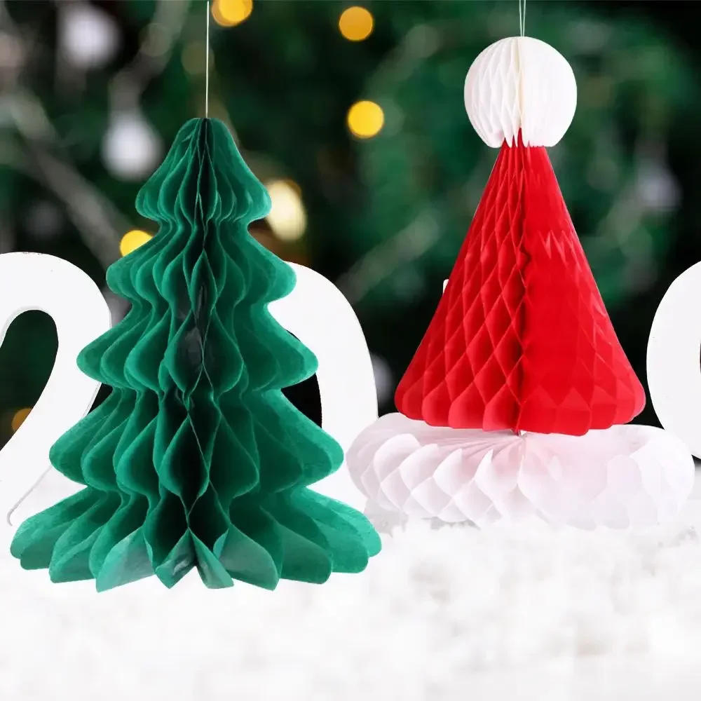 Description Picture 2 of item1PC Christmas Tree/Hat Stereo Pendants Paper Honeycomb Hanging Ornaments for Christmas Party Decor Xmas Table Setting Supplies