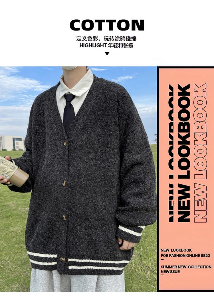 Description Picture 3 of itemJapanese V-neck Contrasting Color Knitted Overcoat Couple Loose Casual High Street Gentle Sweater Jackets Men Tops Male Clothes