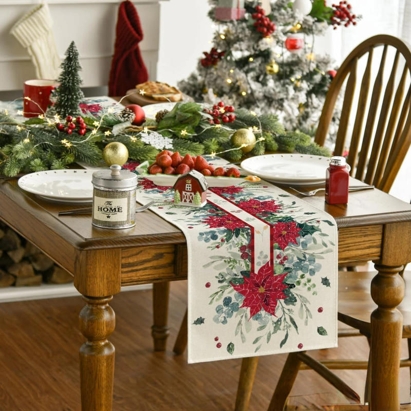 Description Picture 4 of itemChristmas Eucalyptus Poinsettia Leaves Linen Table Runner Dresser Scarf Winter Xmas Kitchen Party Decor Navidad Decorations 2025