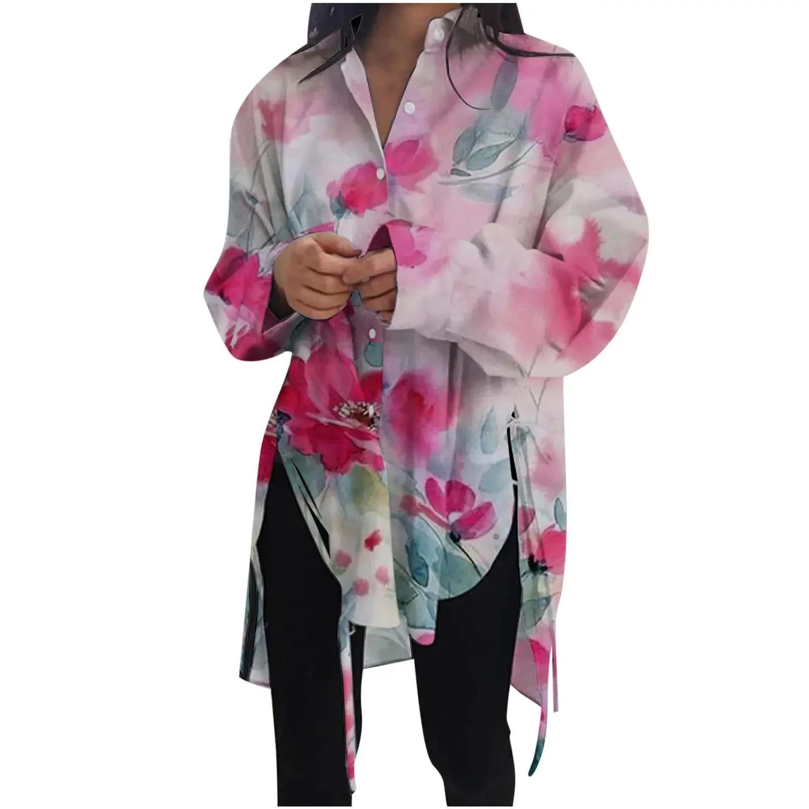 Description Picture 6 of itemStylish Long Sleeve Shirt for Women 2025 Spring Irregular Hem Design Blouse Casual Loose Lace-up Lapel Tops Office Ladies Shirts