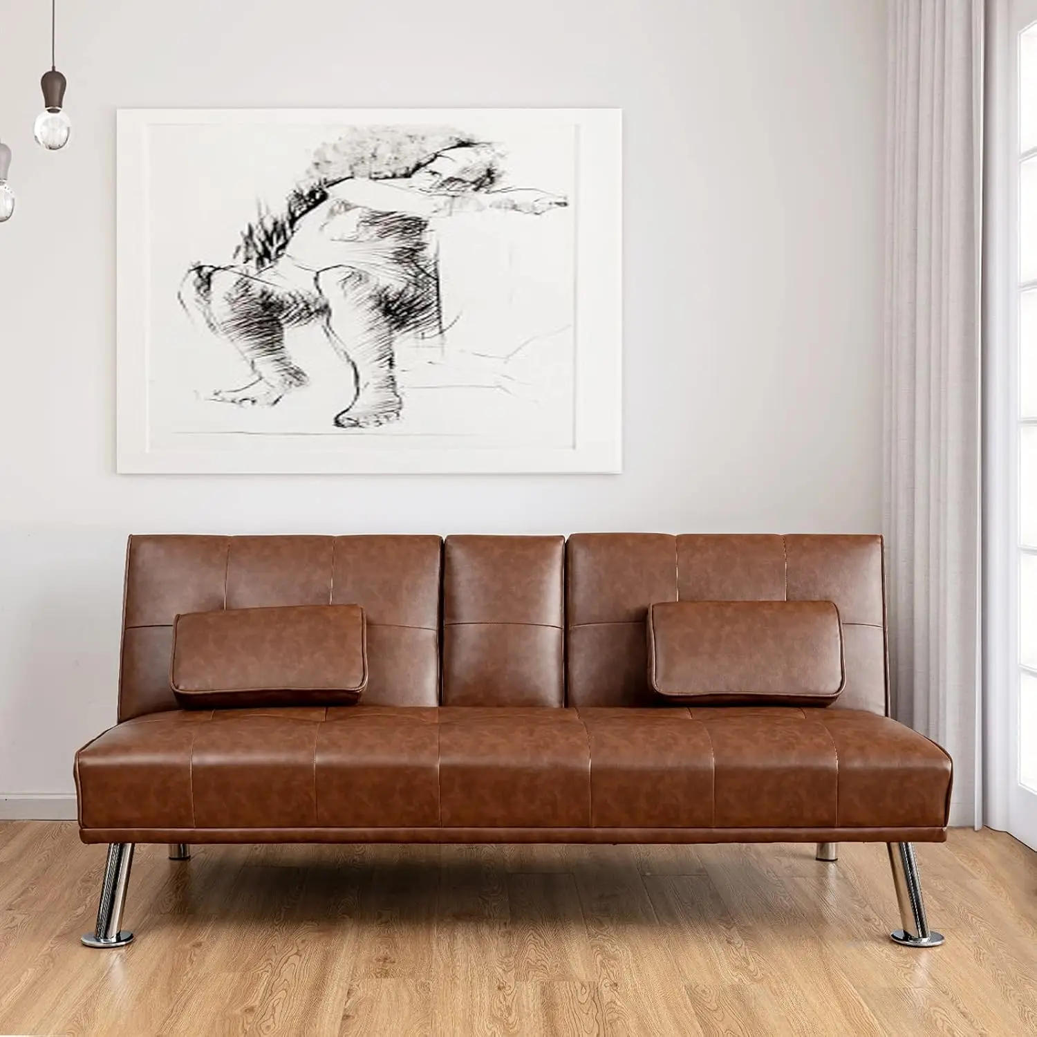 Description Picture 2 of itemLeather Futon Sofa Bed Convertible Folding Couch for Living Room.Small Space with Cup Holder and Removable Armrest Brown