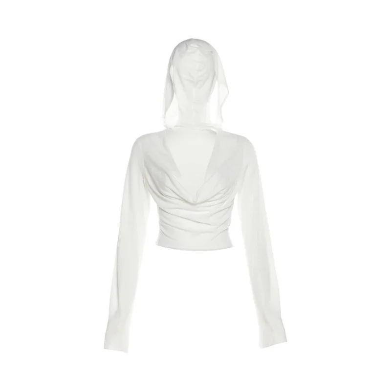 Description Picture 2 of itemFashion Solid Color Slim Fit Shirts For Women Summer Casual Short Hooded Streetwear Y2k Top New V-Neck Pullover Women Clothing