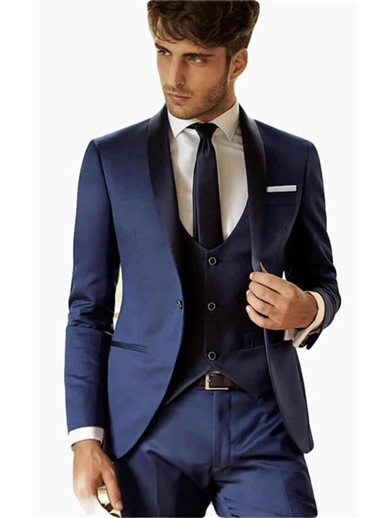 Description Picture 3 of itemMen's Solid Color Blazer Shawl Lapel One Button for Formal Groom Coat+vest+pants Groom Business Tuxedos men suits wedding prom
