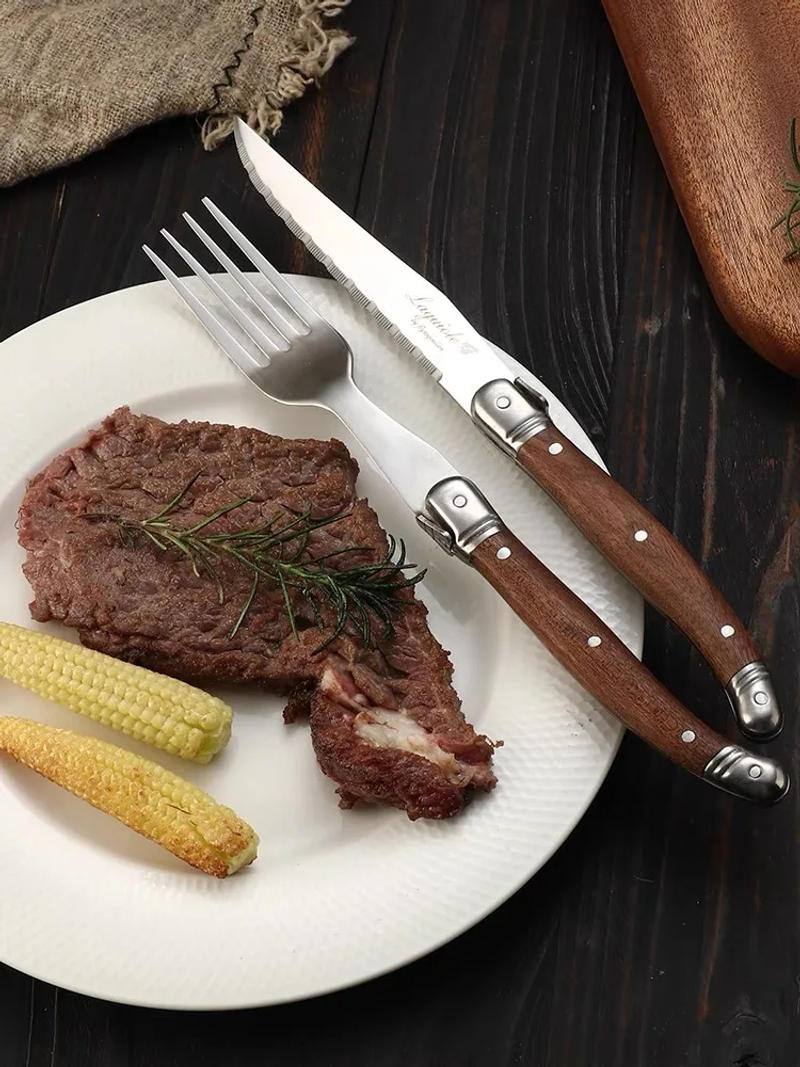 Description Picture 5 of item4/6/24pcs Laguiole Steak Knives Fork Spoon Wood Cutlery Japanese Dinner Knife and Forks Stainless steel Wooden Dinnerware set