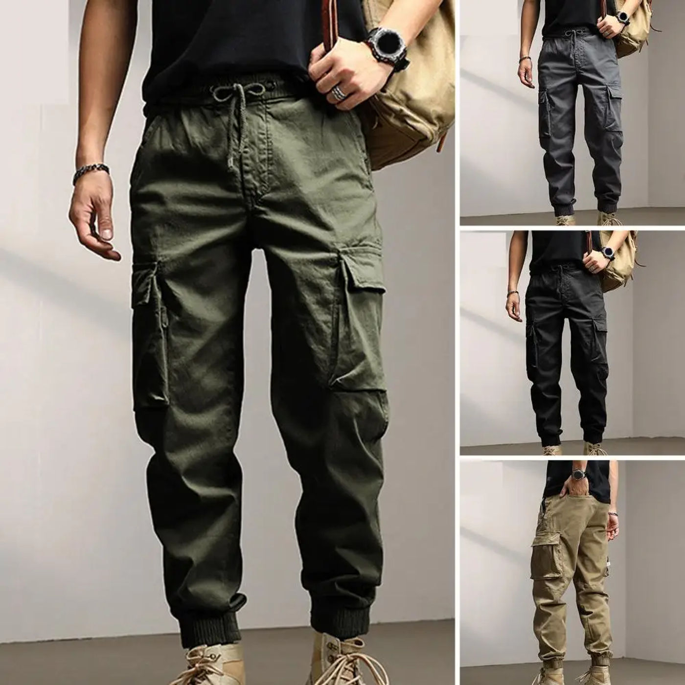 Description Picture 3 of itemMen Cargo Pants Solid Color Multi Pockets Ankle-banded Men Trousers Soft Breathable Drawstring Elastic Waist Casual Sweatpants