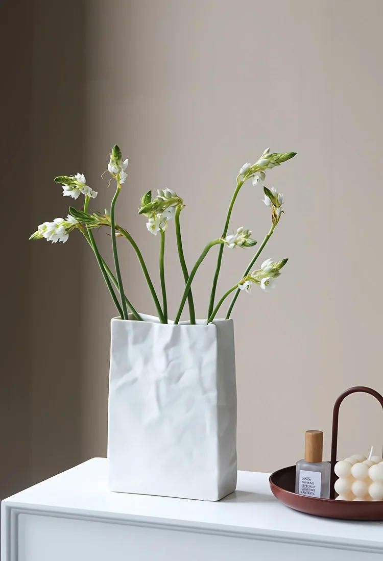 Description Picture 2 of item1pc Nordic Boho Style Ceramic Vase - Unique Crinkle Paper Bag Design for Modern Home Decor, Weddings, Parties, and Gifts